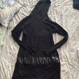 Black Hooded Dress with Leather Trim